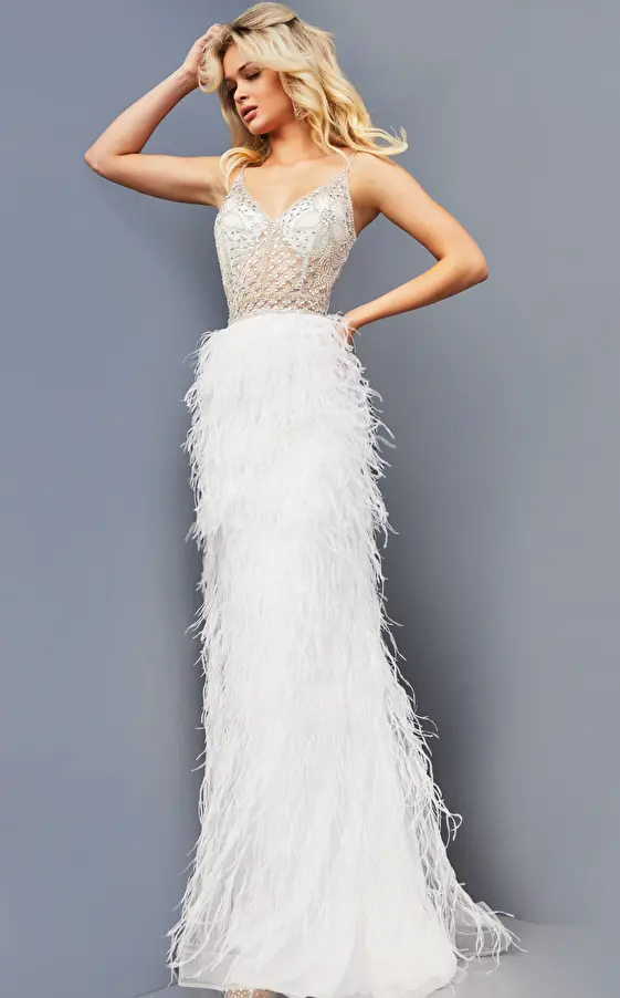 Jovani Dress 08525 | Off White Feather Skirt Long Formalwear